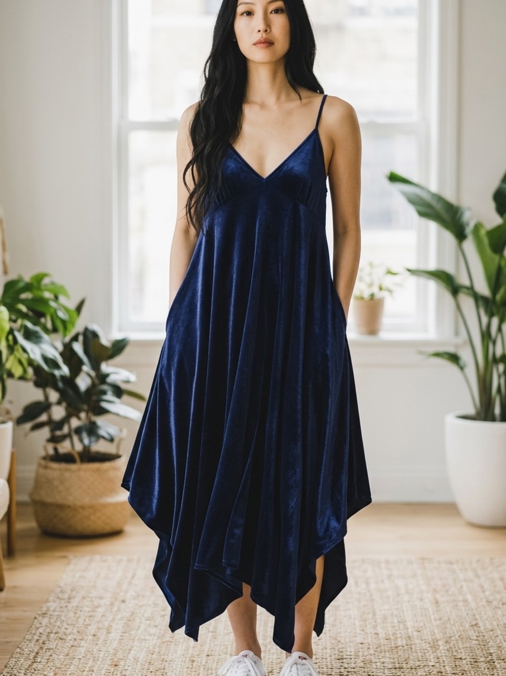 Love In Soft & Elegant Navy Velvet Slip Dress w/ Handkerchief Hem [New w/o Tags]